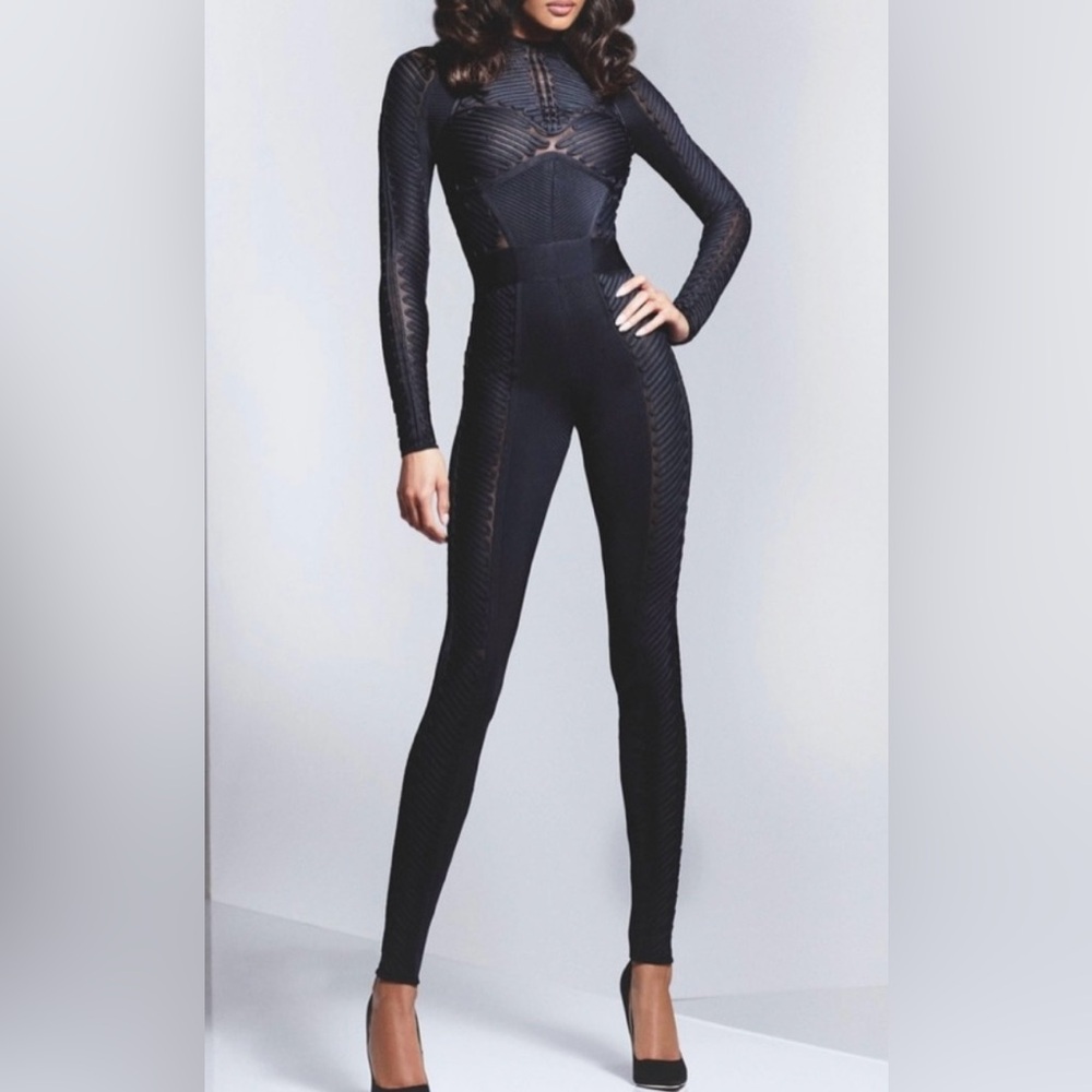 HERVÉ LÉGER HERVÉ LÉGER X LAW ROACH RIBBON EMBROIDERED CATSUIT BLACK - size S